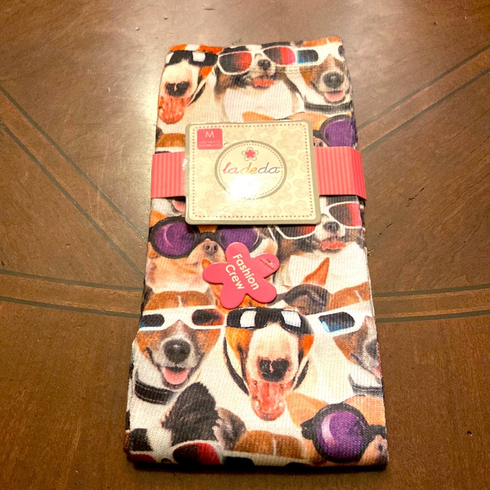 LaDeDa fashion crew socks in dogs with sunglasses print. Sock size 9-11